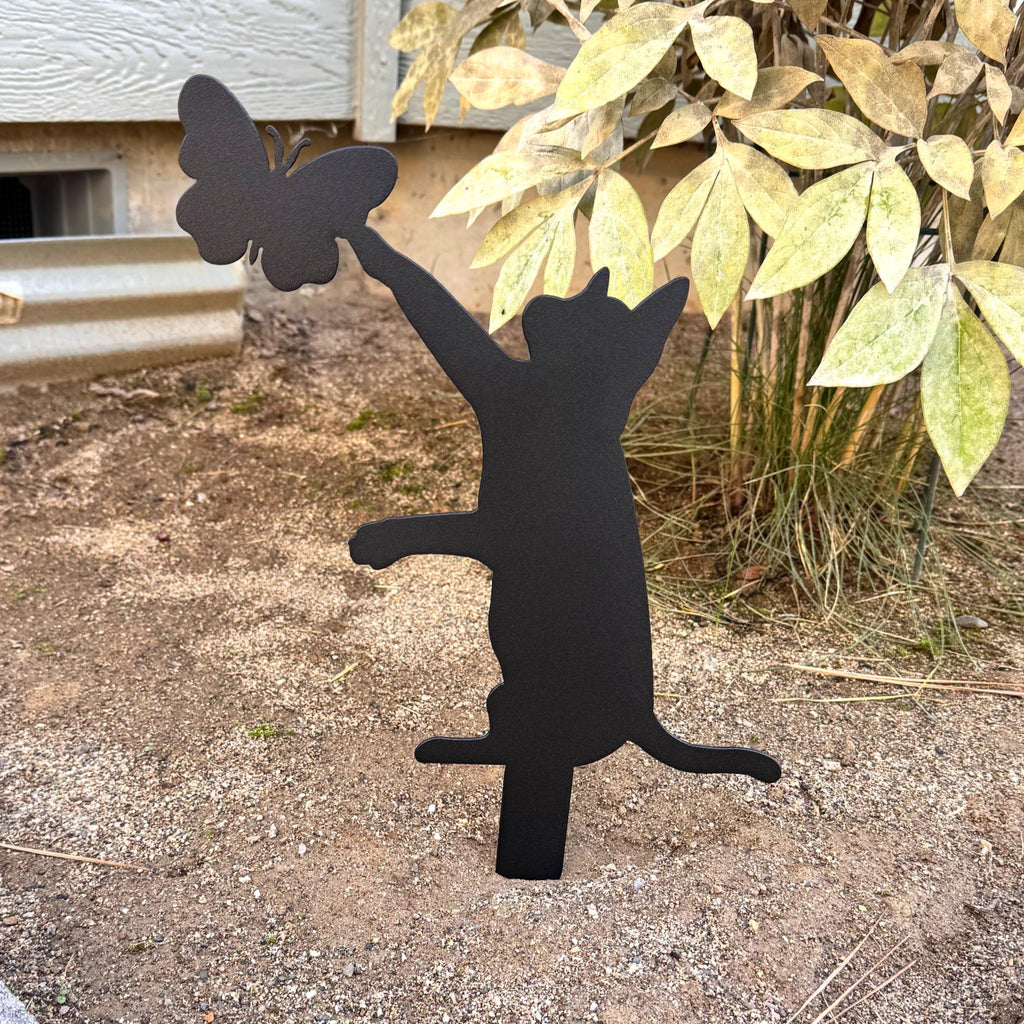 Cat and Butterfly Metal Yard Stake | Cute Cat Garden Decor | Outdoor Metal Silhouette Art | Rustic Yard Decoration for Pet and Nature Lovers