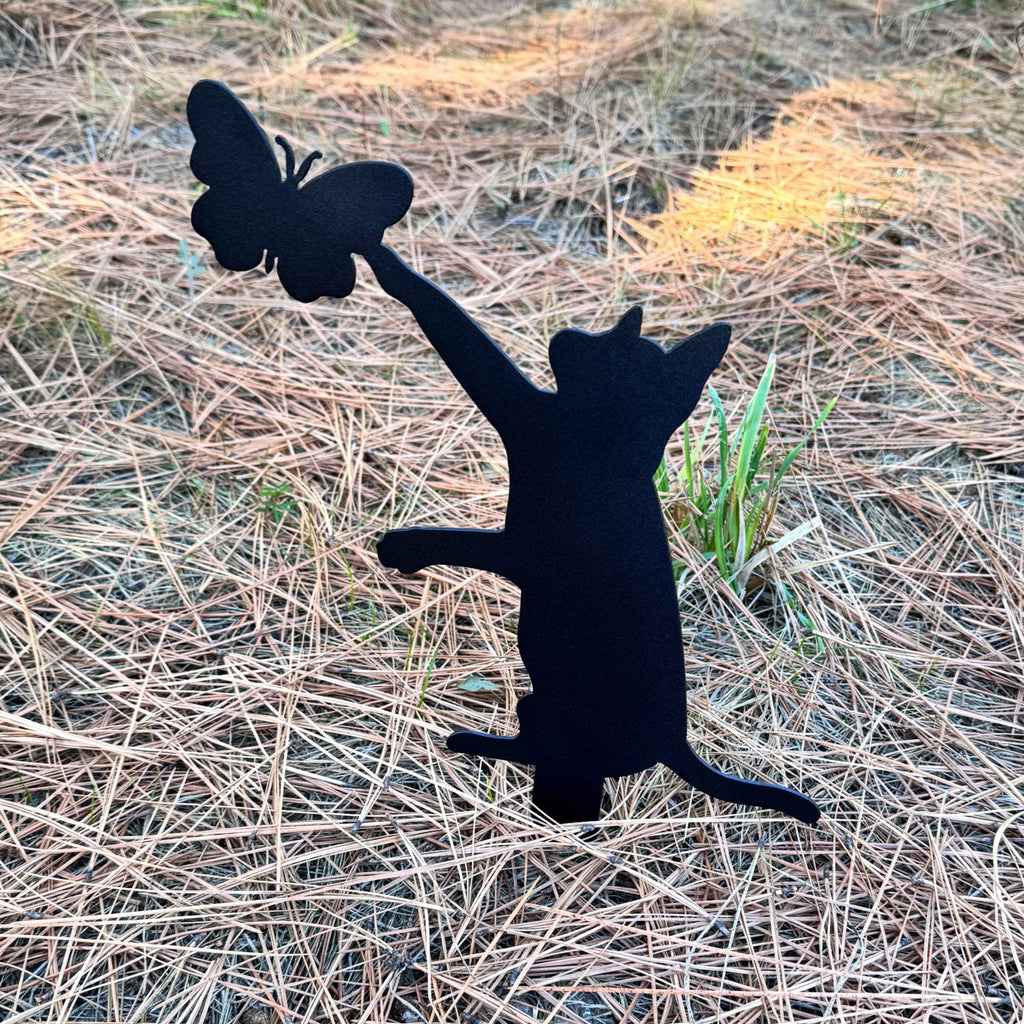 Cat and Butterfly Metal Yard Stake | Cute Cat Garden Decor | Outdoor Metal Silhouette Art | Rustic Yard Decoration for Pet and Nature Lovers