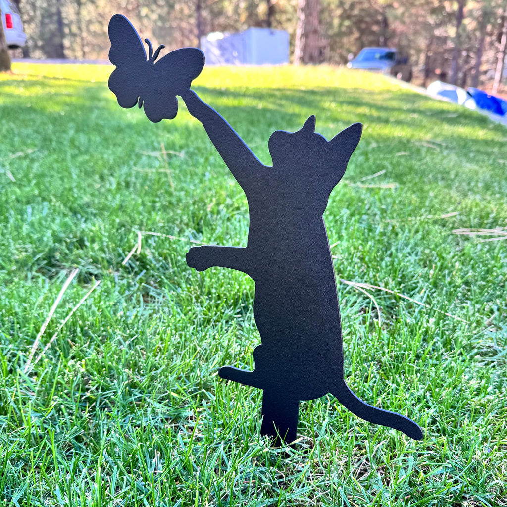 Cat and Butterfly Metal Yard Stake | Cute Cat Garden Decor | Outdoor Metal Silhouette Art | Rustic Yard Decoration for Pet and Nature Lovers