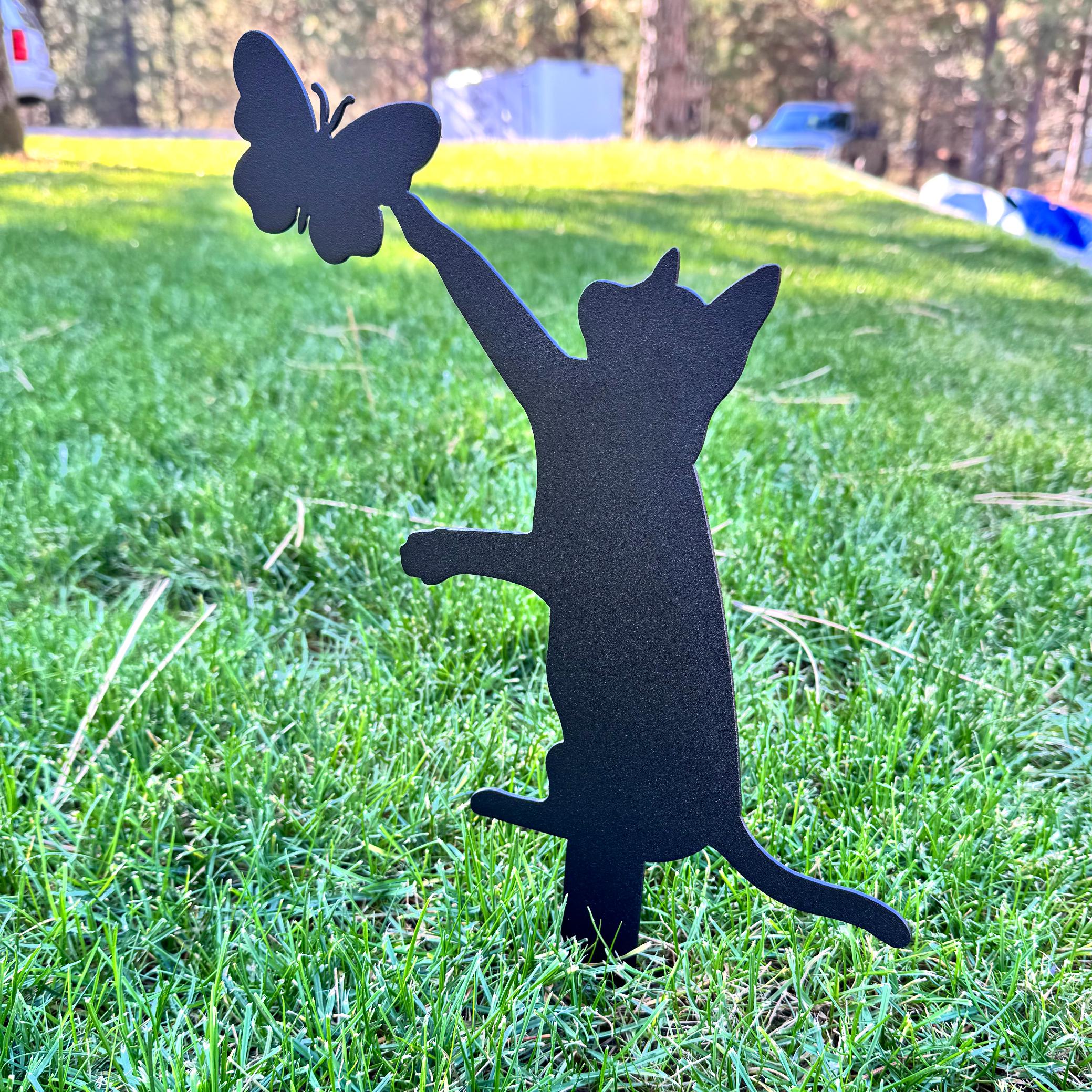 Cat and Butterfly Metal Yard Stake | Cute Cat Garden Decor | Outdoor Metal Silhouette Art | Rustic Yard Decoration for Pet and Nature Lovers