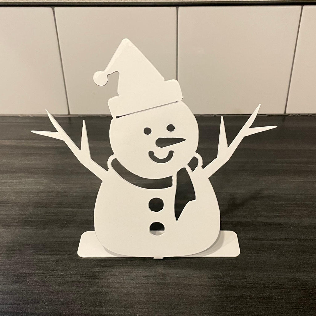 Snowman Metal Tabletop Decor | White Christmas Decoration | Winter Holiday Steel Ornament | Rustic Metal Snowman Shelf Art