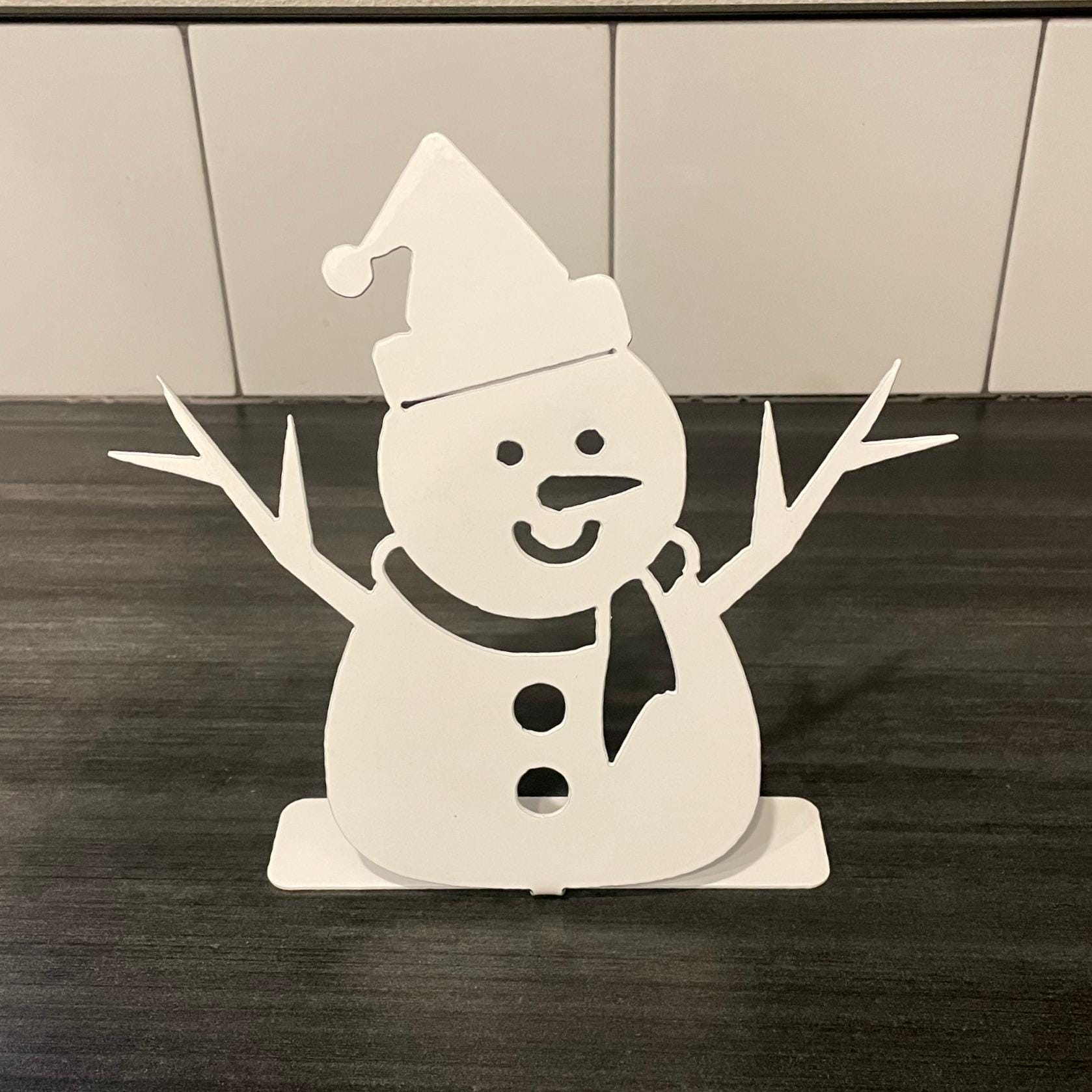 Snowman Metal Tabletop Decor | White Christmas Decoration | Winter Holiday Steel Ornament | Rustic Metal Snowman Shelf Art