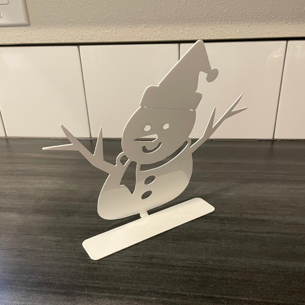 Snowman Metal Tabletop Decor | White Christmas Decoration | Winter Holiday Steel Ornament | Rustic Metal Snowman Shelf Art