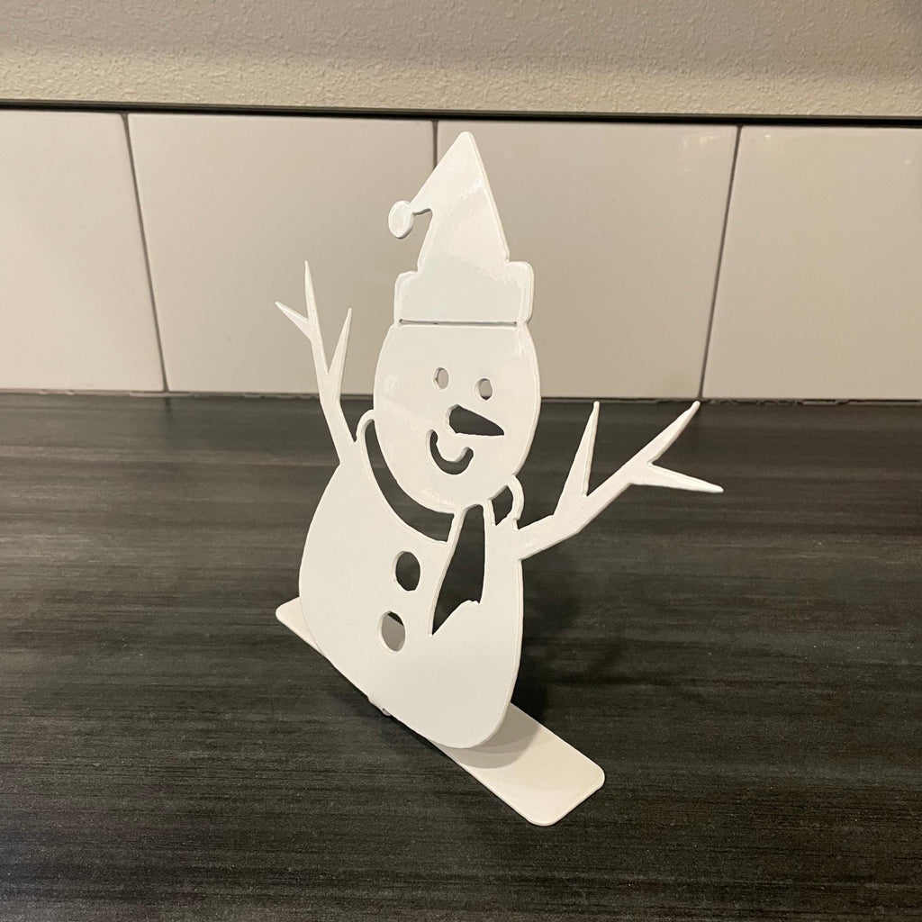 Snowman Metal Tabletop Decor | White Christmas Decoration | Winter Holiday Steel Ornament | Rustic Metal Snowman Shelf Art