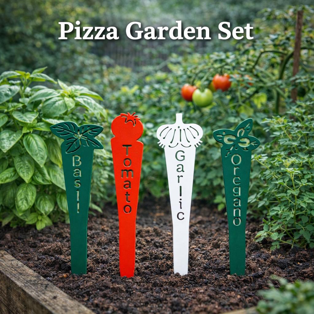 Themed Garden Marker Set – Salsa, Herb, Pizza & More – Metal Garden Stakes – Gift for Gardeners