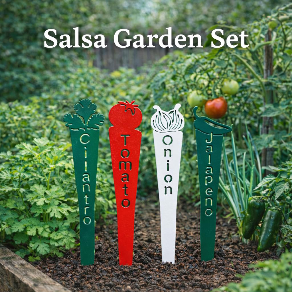Themed Garden Marker Set – Salsa, Herb, Pizza & More – Metal Garden Stakes – Gift for Gardeners